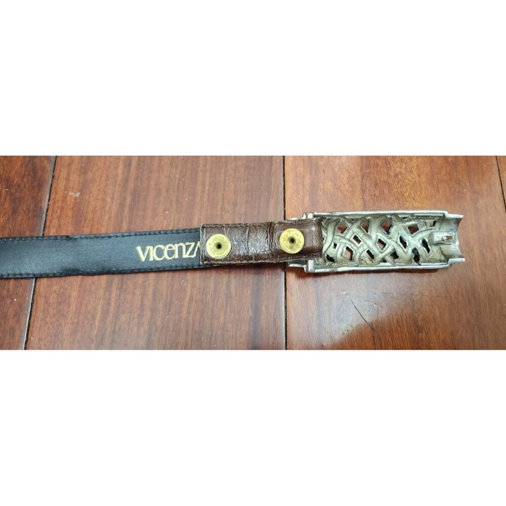 Vintage 80s Vicenza Woman’s 44 Belt Brawn Italian Genuine Calfskin Buckle Skinny - Picture 5 of 9